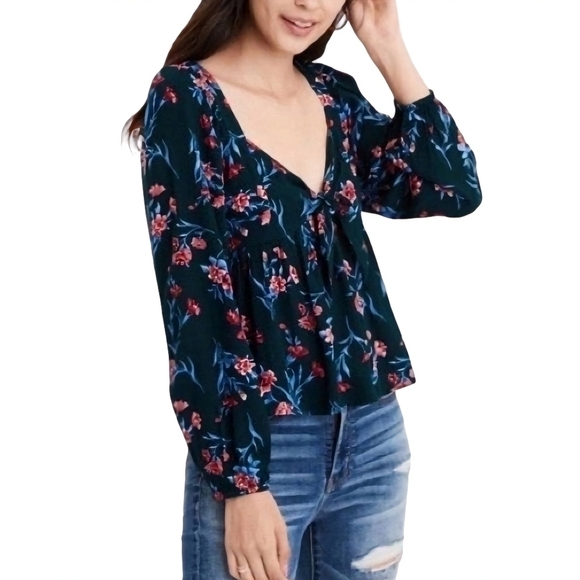 American Eagle Green Floral Front Tie Blouse Size XL - Picture 1 of 10
